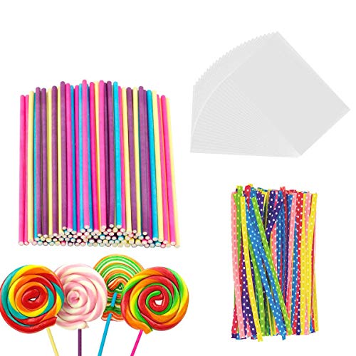 300 Pieces Lollipop Set, 100PCS Parcel Bags + 100 Pieces Colorful Treat Sticks + 100 Pieces Colorful Metallic Wire for Lollipops Candies Chocolates and Cookies