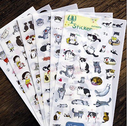 6 Sheets Kawaii Creative Transparent PVC Stickers Super Cute Cat Stickers for DIY Albums Diary Laptop Decoration Cartoon Scrapbooking School Office Stationery Best Gift for Your Kids