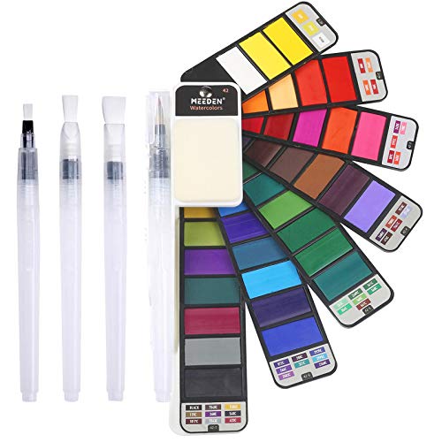 MEEDEN Watercolor Paint Set, 42 Assorted Colors Foldable Paint Set with 4 Paint Brushes, Travel Pocket Watercolor Kit for Kids Adults Beginers Artists Plein Air Paiting