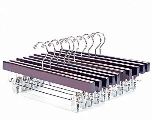 Nature Smile Solid Lotus Wood Deluxe Wooden Pants Hangers Bottom Hanger Jeans Hanger Skirt Hanger with 2-Adjustable Clips Anti-Rust Hook Pack of 10 (Walnut)