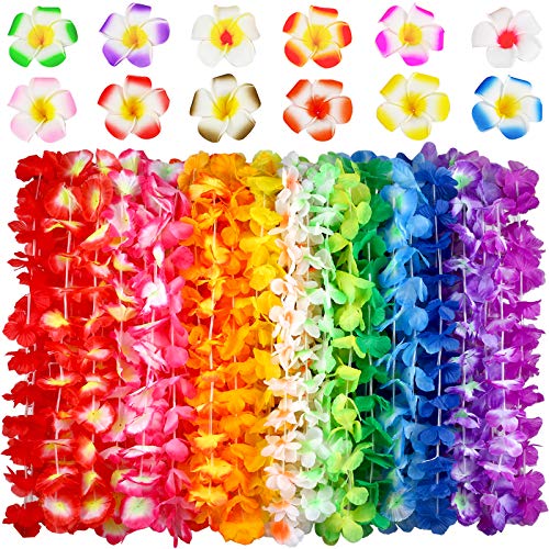 Hawaiian Leis, (54 Designs Total) 42 Flowers Necklaces 7 Colour and 12 Hair Clips for Party Supplies, Hawaiian Luau Decorations, Summer Beach Vacation, Tropical themed Party Favors, Birthday, Wedding