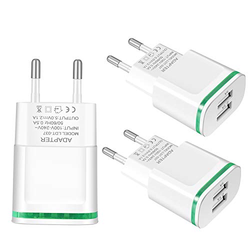 European Plug Adapter, USINFLY Europe Travel Charger 3-Pack 2.1A/5V EU Dual USB Wall Charger Block for Phone X 8/7/6/6S Plus, Pad, Samsung Galaxy S8/S7/S6 Edge, Android Phone