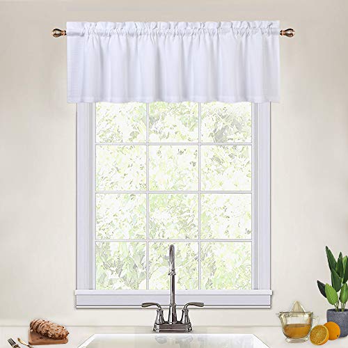 Book Cover CAROMIO White Valances for Kitchen Windows, Waffle Woven Textured Valance Curtains for Bathroom Short Half Window Cafe Curtains, White, 60x15 Inch