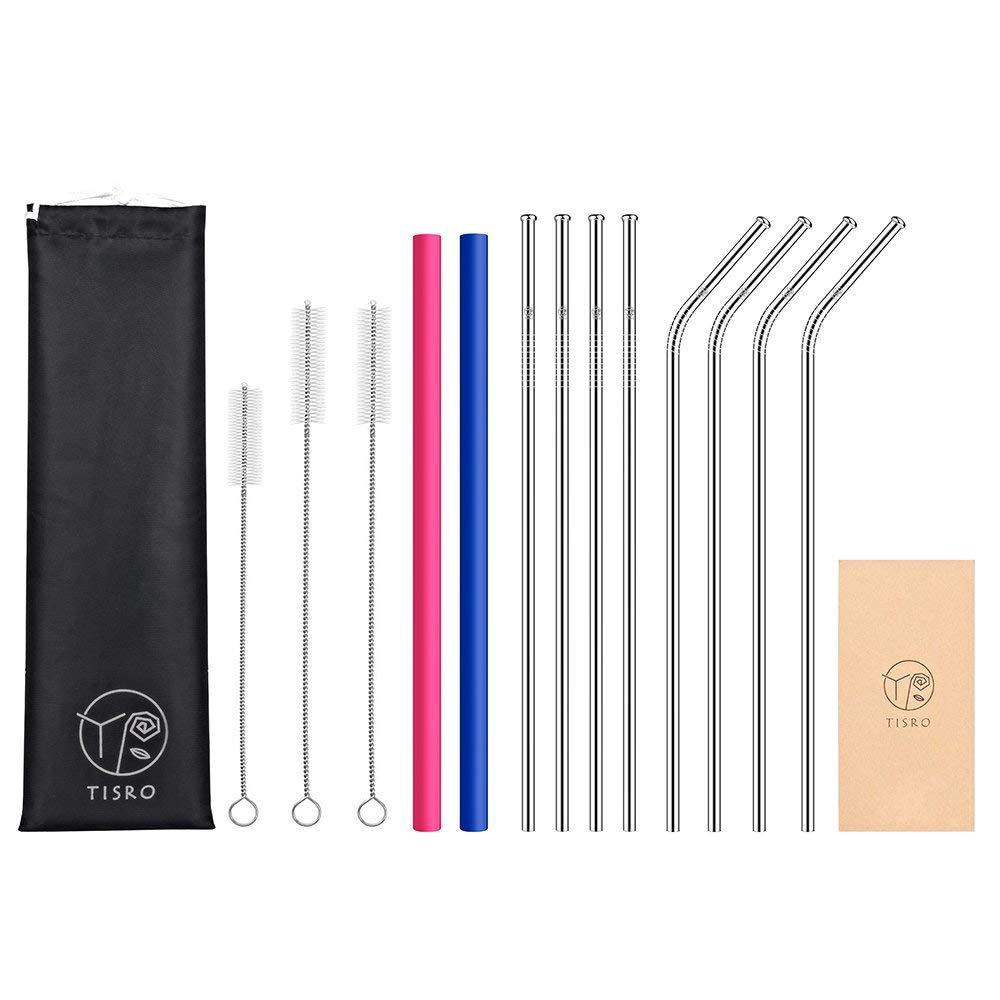 TISRO Reusable Straws, 8 Metal+1 Reusable Produce Bag, Highest-Level Patent ''Lip-Safe'' Stainless Steel Straws with Cleaning Brushes and Carry Bag.Black
