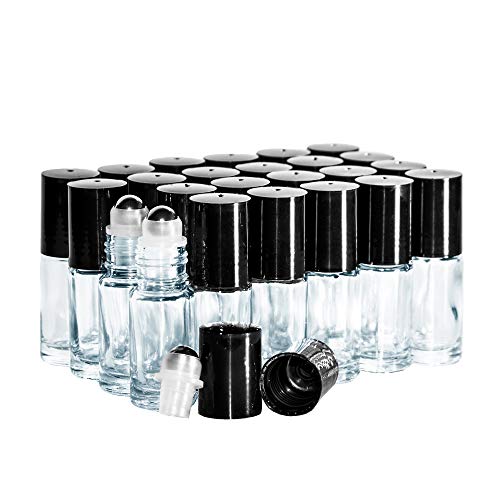 (24 Pack) 1/6 oz. (5 ml) Clear Glass Roll-on Bottle with Black Cap (Stainless Steel Ball)