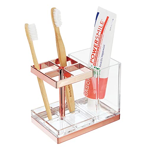 Book Cover mDesign Decorative Plastic Bathroom Toothbrush and Toothpaste Stand Holder - Dental Organizer with 5 Storage Compartments for Bathroom Vanity Countertops and Medicine Cabinet - Clear/Rose Gold