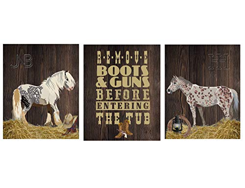Silly Goose Gifts Western Cowboy Horse Themed Bathroom Wall Art Print Decoration (Set of 3) No Frames