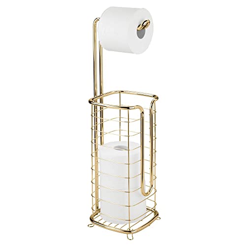 Book Cover mDesign Free Standing Toilet Paper Holder Stand and Dispenser, with Storage for 3 Spare Rolls of Toilet Tissue While Dispensing 1 Roll - for Bathrooms/Powder Rooms - Holds Mega Rolls - Soft Brass