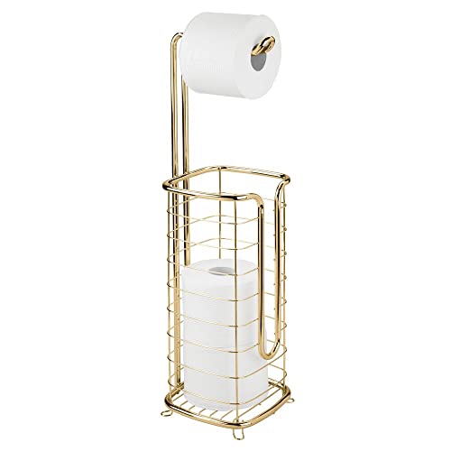 mDesign Free Standing Toilet Paper Holder Stand and Dispenser, with Storage for 3 Spare Rolls of Toilet Tissue While Dispensing 1 Roll - for Bathrooms/Powder Rooms - Holds Mega Rolls - Soft Brass