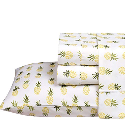 Caribbean Joe Ultra-Soft Double Brushed 3-Piece Microfiber Sheet Set. Beautiful Tropical Patterns, and Vibrant Solid Colors, Luxury, All-Season Bed Sheet Set - Pineapple, Twin