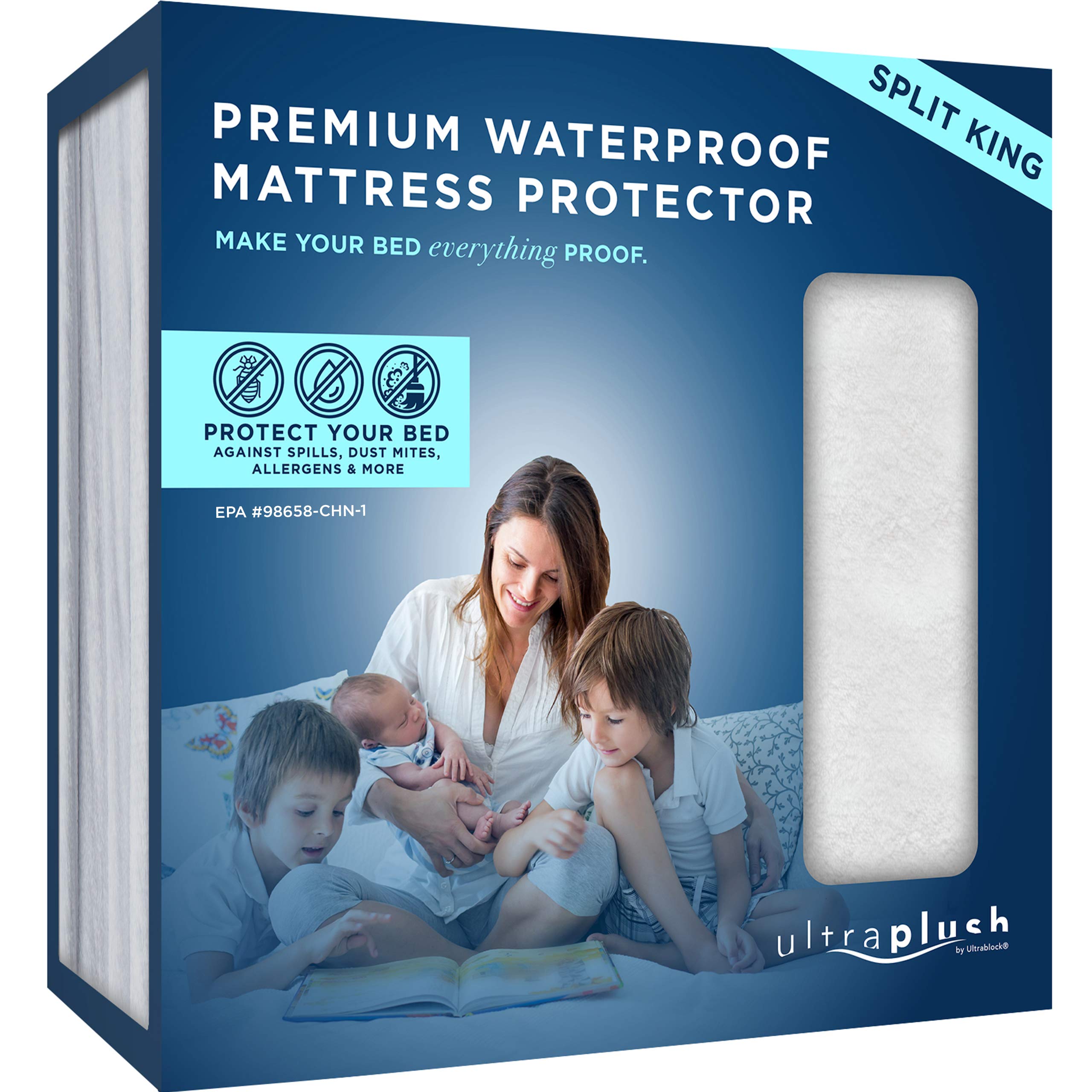 Book Cover UltraBlock Ultra Plush Premium Waterproof Mattress Protector (Split King) – Ultra Soft, Breathable, Vinyl Free, Noiseless Mattress Cover, Fitted Style with Deep Pockets (15-18