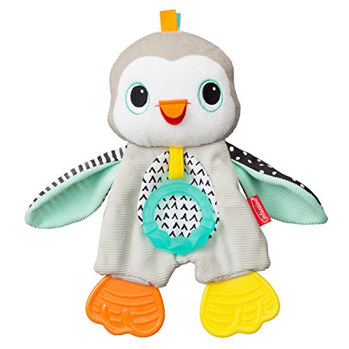 Book Cover Infantino Cuddly Teether, Penguin Character, 3 Textured Teething Places to Soothe Sore Gums, BPA-Free Silicone, Soft Fabric Textures to Explore, Crinkle Sounds to Discover, for Babies 0M+ Cuddly Penguin