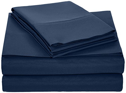 AmazonBasics Lightweight Super Soft Easy Care Microfiber Sheet Set with 16" Deep Pockets - Queen, Navy Blue, 4-Pack