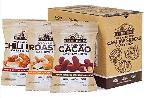 East Bali Cashews - Cashew Variety Snack Packs - Protein Packed, Gluten Free, Non-GMO, Vegan Friendly Snack - Oven Roasted & Naturally Flavored (Cacao, Roasted Coconut & Chili Lime) 10 - Count 1.23 Oz