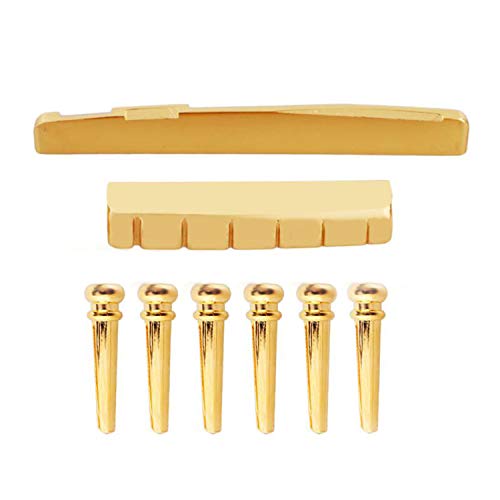 72mm Bridge Saddle 43mm Nut Gold Brass 6-String Guitar Bridge Saddle Nut with 6 Guitar Pins for Folk Guitar