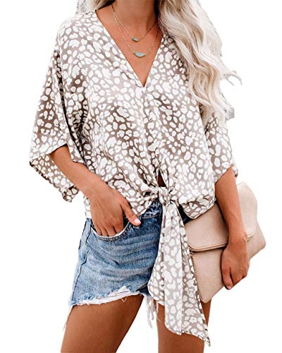 Farktop Womens Floral V Neck Tie Knot Front Blouses Bat Wing Short Sleeve Chiffon Tops Shirts