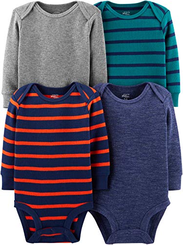 Simple Joys by Carter's Baby Boys' Long-Sleeve Thermal Bodysuits, Pack of 4, Blue Heather/Grey Heather/Stripe, 6-9 Months