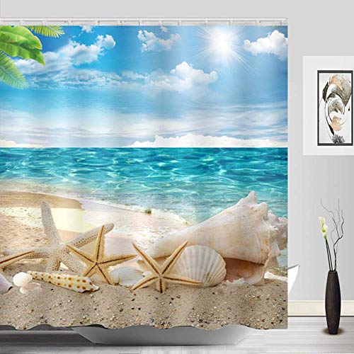 Book Cover Sylbapestry Beach Shower Curtain Fabric Washable Seashell Starfish Bathroom Decor Digital Printed No-Fade Blue