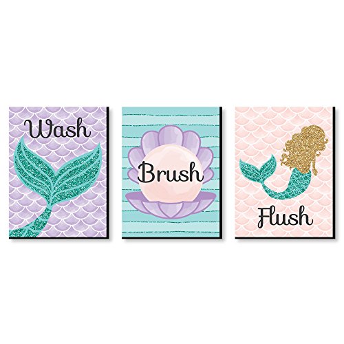 Book Cover Big Dot of Happiness Let's Be Mermaids - Kids Bathroom Rules Wall Art - 7.5 x 10 inches - Set of 3 Signs - Wash, Brush, Flush