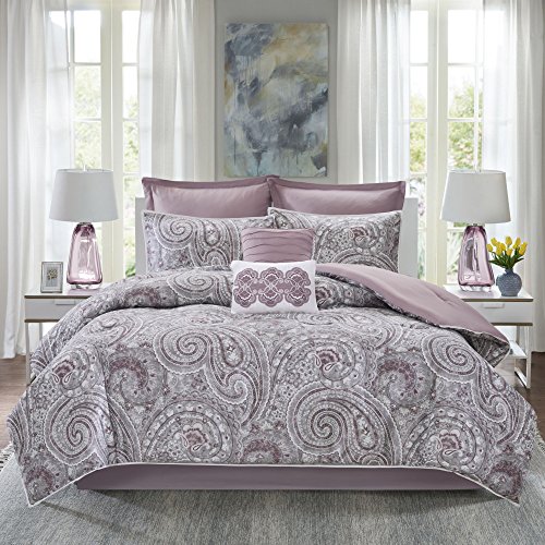 Comfort Spaces Cozy Comforter Set - Modern Classic Design, All Season Down Alternative Bedding, Matching Shams, Bedskirt, Decorative Pillows, Cal King(104"x90") Kashmir, Paisley Purple 8 Piece