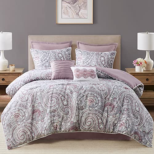 Comfort Spaces Cozy Comforter Set-Modern Classic Design All Season Down Alternative Bedding, Matching Shams, Bedskirt, Decorative Pillows, Queen, Kashmir Paisley Purple 8 Piece