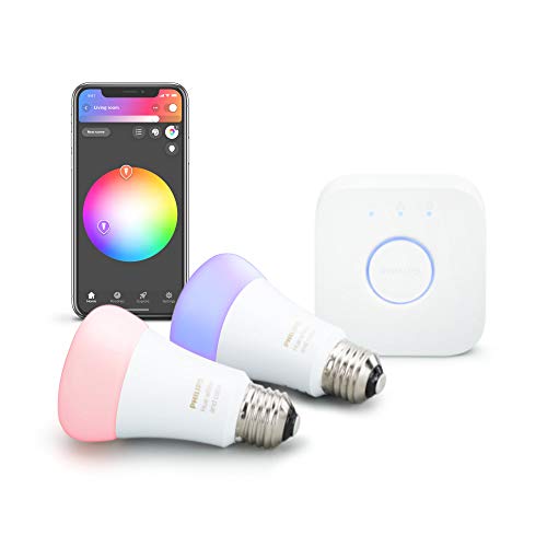 Book Cover Philips Hue 2-Pack Premium Smart Light Starter Kit, 16 million colors, for most lamps & overhead lights, Works with Alexa, Apple HomeKit and Google Assistant, Soft White