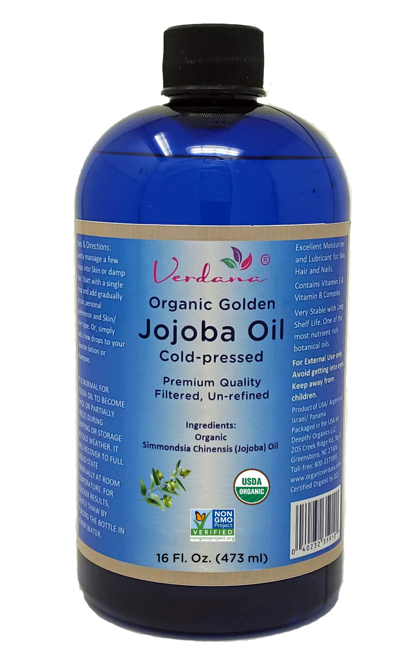 Verdana Organic Golden Jojoba Oil – USDA Certified Organic – Cold Pressed, Unrefined, 100% Pure and Hexane Free – 16 Fl. Oz. 16 Fl Oz (Pack of 1)