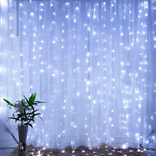 Brightown Hanging Window Curtain Lights 9.8 Feet Dimmable, Connectable with 300 Led, Remote, 8 Lighting Modes, Timer for Bedroom Wall Party Indoor Outdoor Decor, Pure White (Curtain is Not Included)