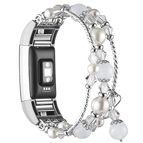 Simpeak Wristband for Fitbit Charge 2, Jewelry Bracelet with Elastic Pearl Beaded Band fit Fit bit Charge 2 Smartwatch for Women Girls - White