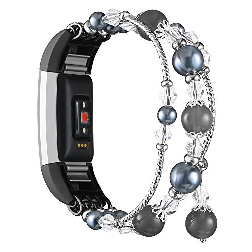 Simpeak Band Compatible with Fitbit Charge 2, Jewelry Bracelets with Elastic Beaded Pearl Band Replacement for Fitbit Charge 2,Women Girls, Black