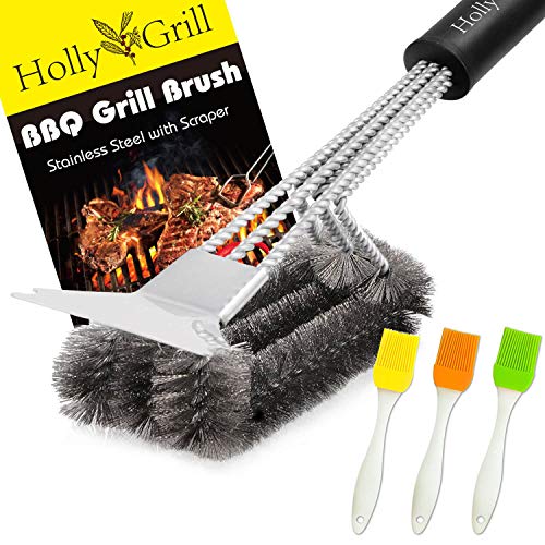 HollyGrill Safe Grill Brush and Scraper | Heavy Duty 18'' BBQ Brush with Stiff Bristles | No Pieces Come Off | 100% Rust Resistant Stainless Steel Barbecue Brush | Great Weber Grill Accessories Gift
