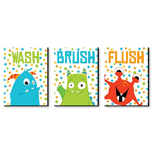 Big Dot of Happiness Monster Bash - Kids Bathroom Rules Wall Art - 7.5" x 10" - Set of 3 Signs - Wash, Brush, Flush
