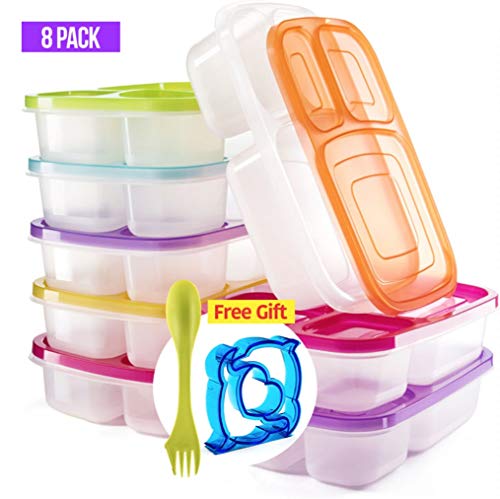 Bento Lunch Box 3 Compartment Food Containers – Set of 8 Storage meal prep Container Boxes– Ideal for Adults, Toddler, Kids, Girls, and Boys – Free Fork/Spoon & Puzzle Sandwich Cutter