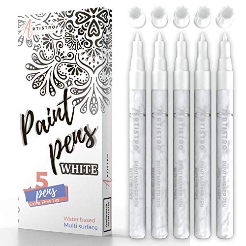 ARTISTRO White Paint Pen for Rock Painting, Stone, Ceramic, Glass, Wood, Tire, Fabric, Metal, Canvas. Set of 5 Acrylic Paint White Marker Water-based Extra-fine Tip
