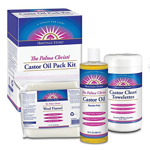 HERITAGE STORE Castor Oil Pack | Natural & Unbleached, Sewn in USA | Cold Pressed, No Hexane | Oil, Wool & Towelettes | 16 oz | 60 Day Money Back Guarantee