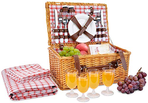 Picnic Basket for 4 Person | Red Picnic Hamper Set | Folding Picnic Blanket | Picnic Table Set | Picnic Plates | Picnic Supplies | Summer Picnic Kit | Picnic Utensils Cutlery Set Flatware