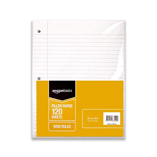 Amazon Basics Wide Ruled Loose Leaf Filler Paper, 720 Sheets (6 pack of 120), 10.5 x 8 Inch, 6-Pack, White