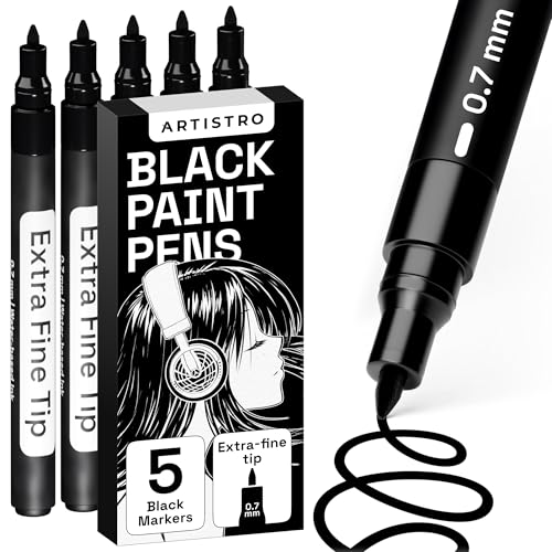 Black Paint pens for Rock Painting, Stone, Ceramic, Glass. Extra fine Point tip, Set of 5 Black Acrylic Paint Markers.
