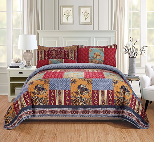 Book Cover Fancy Collection 3pc Quilted Bedspread Over Size New (King/California King, Burgundy Red Gold Blue Floral)