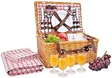 Picnic Basket for 4 Person | Red Picnic Hamper Set | Folding Picnic Blanket | Picnic Table Set | Picnic Plates | Picnic Supplies | Summer Picnic Kit | Picnic Utensils Cutlery Set Flatware
