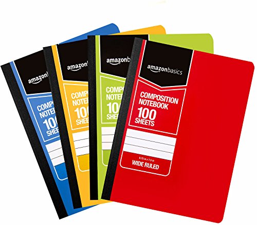Book Cover AmazonBasics Wide Ruled Composition Notebook, 100 Sheet, Assorted Solid Colors, 4-Pack