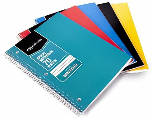 Book Cover Amazon Basics Wide Ruled Wirebound Spiral Notebook, 70 Sheets - 5 Pack, Assorted Solid Colors