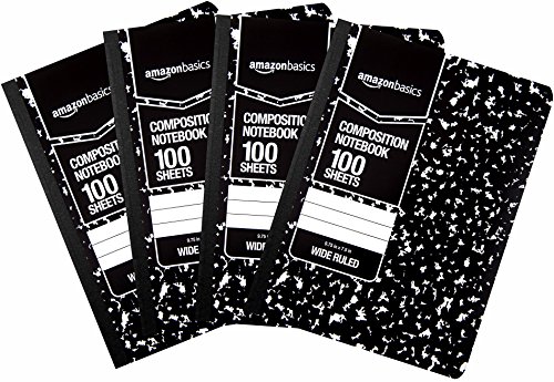 Book Cover Amazon Basics Wide Ruled Composition Notebook, 100 Sheets, Marble Black, 4-Pack