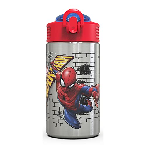 Zak Designs Stainless Steel One Hand Operation Lid and Built-in Carrying Loop Water Bottle with Straw Spout is Perfect for Kids (15.5 oz, BPA Free), 1 Count (Pack of 1), Marvel Comics Spider-Man