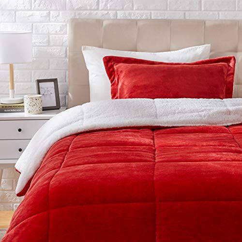 Book Cover Amazon Basics Ultra-Soft Micromink Sherpa Comforter Bed Set - Red, Twin