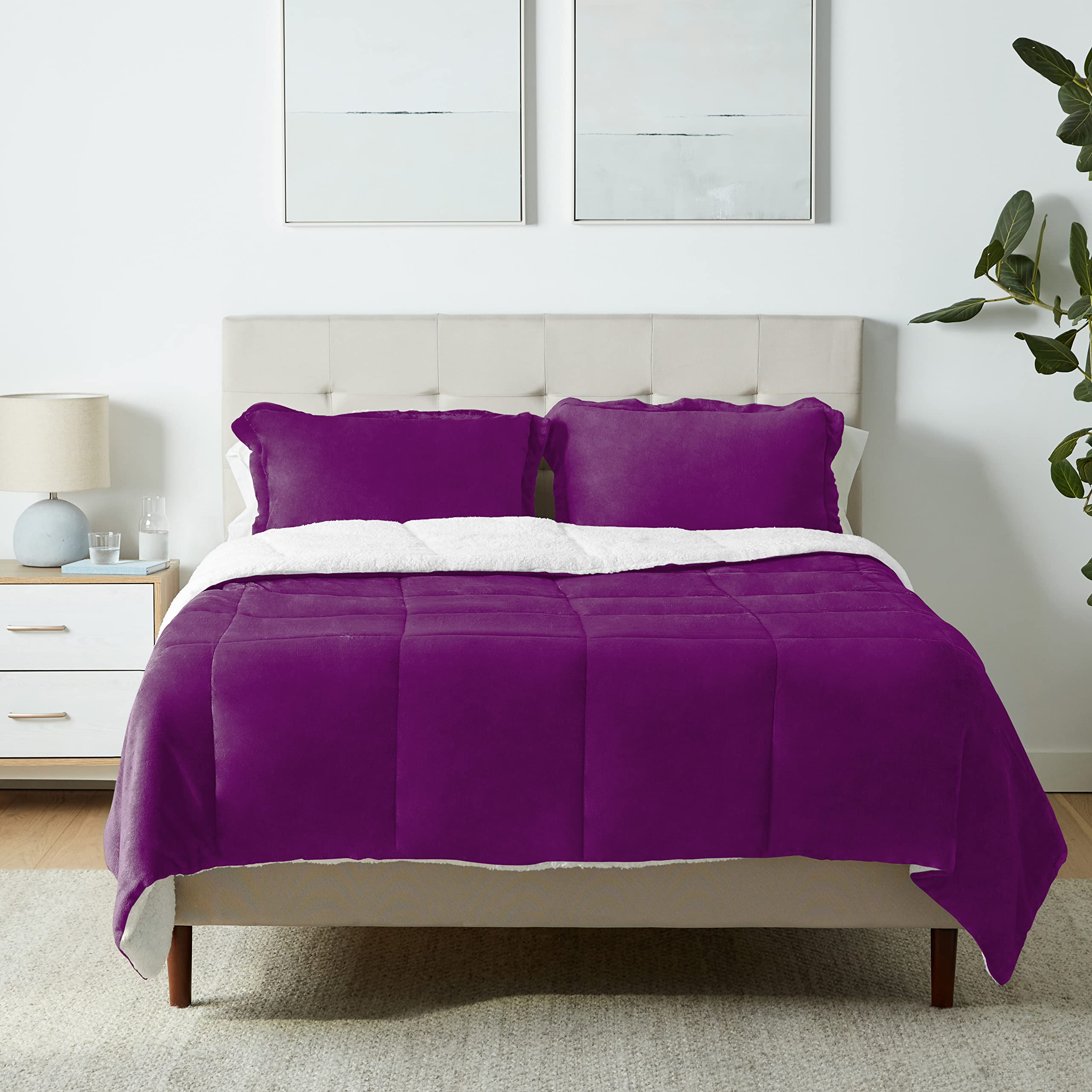 Amazon Basics Ultra-Soft Micromink Sherpa Comforter 3 Piece Bed Set, Full/Queen, Plum, Solid Plum Full/Queen