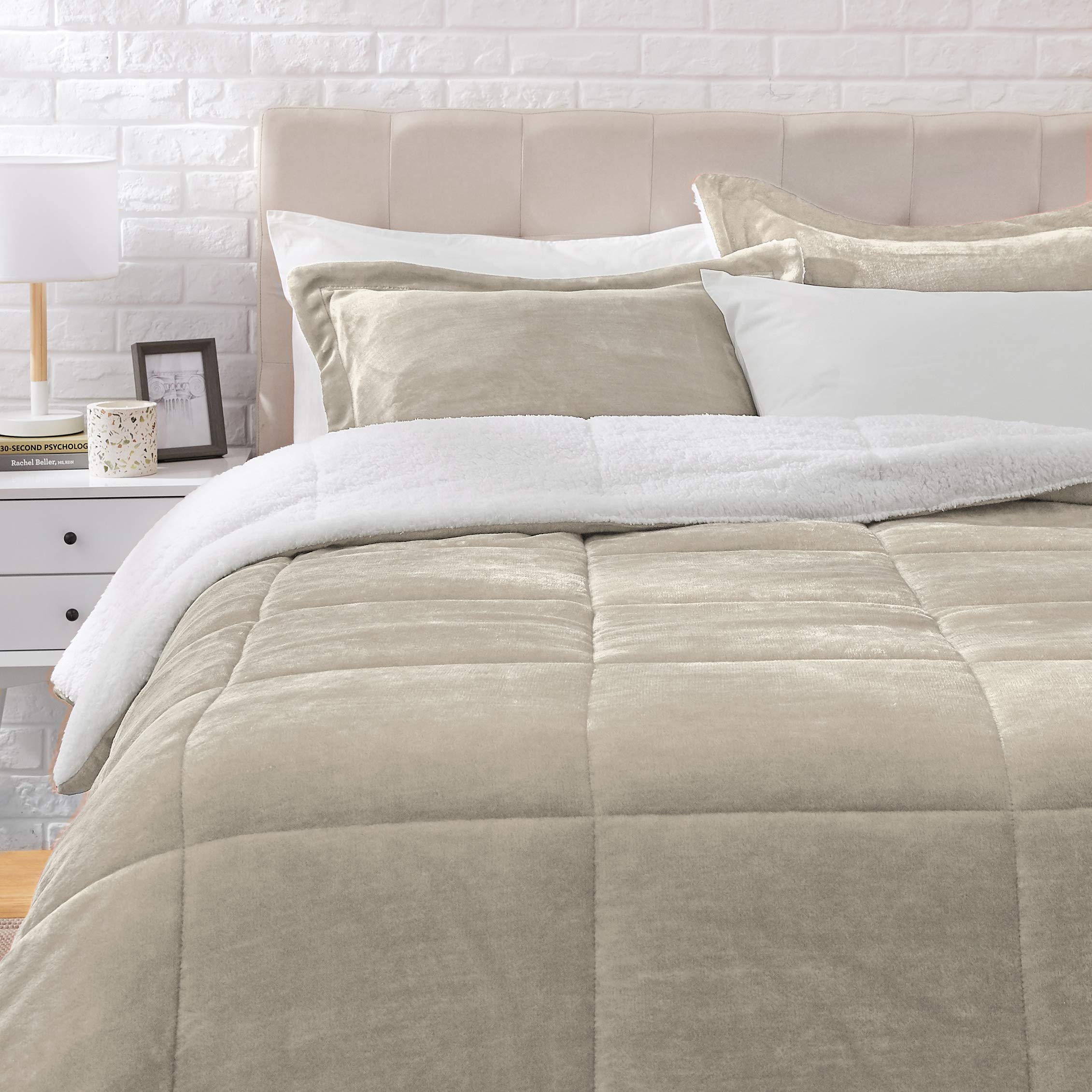 Amazon Basics Ultra-Soft Micromink Sherpa 3 Piece Comforter Bed Set, King, Taupe, Solid Taupe King