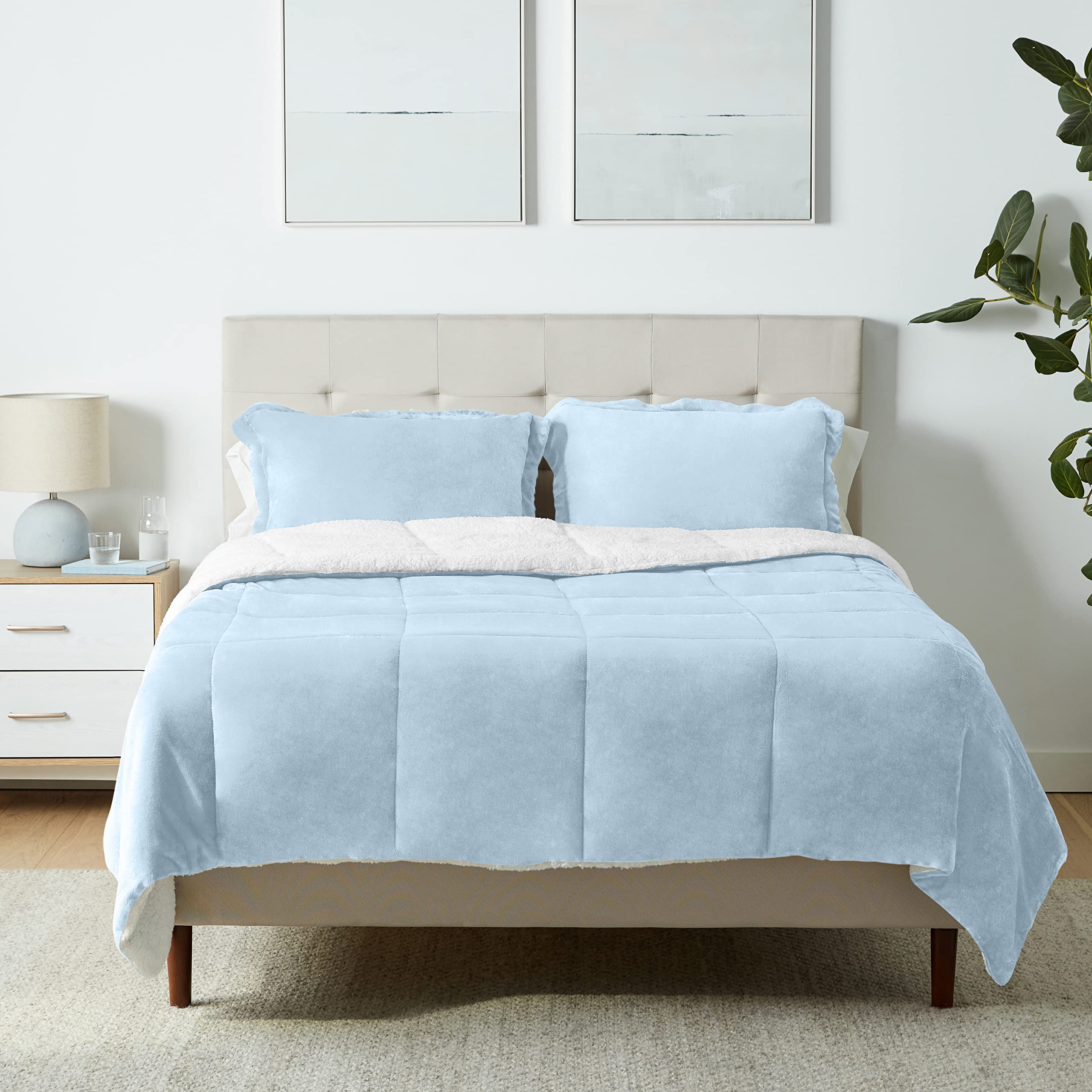 Amazon Basics Ultra-Soft Micromink Sherpa Comforter 3 Piece Bed Set, Full/Queen, Smoke Blue, Solid Smoke Blue Full/Queen