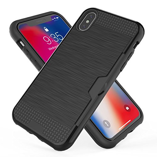 iPhone Xs & iPhone X Case, Asgens Card Holder Brushed Metal Texture Heavy Duty Shockproof Durable Silicone Rubber Dual Layer Protective Case for 5.8 inch iPhone Xs & iPhone X - Black