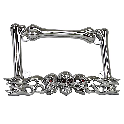 TC Sportline LPF260-C 3D Skull Flames and Bones Style Zinc Metal Chrome Finished Motorcycle License Plate Frame